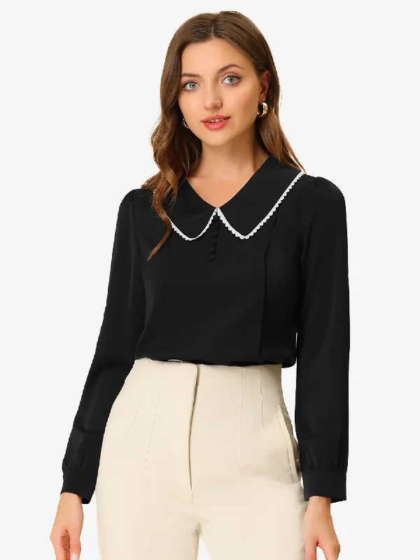 Save Up to 50% Off!Peter Pan Collar Crochet Trim Long Sleeve Chiffon Office Blouse