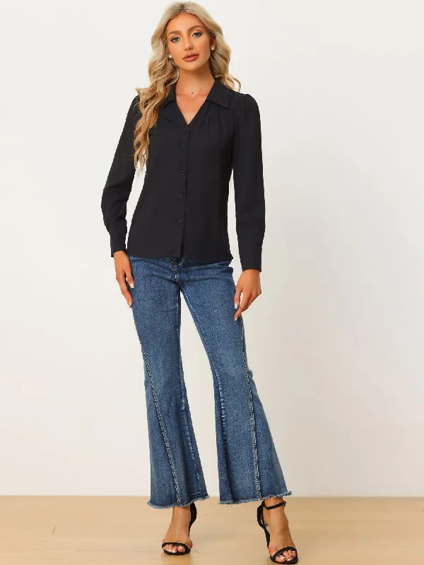 Get More for Less!Casual Button Down Shirt V Neck Ruched Office Business Blouse