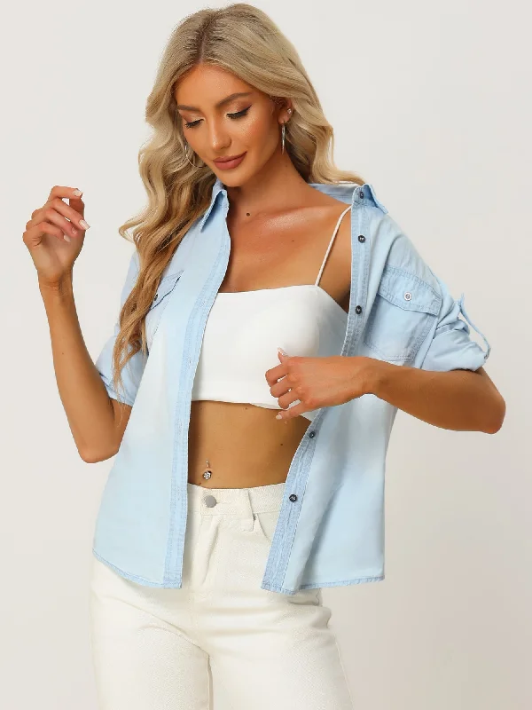 Shop Early, Save Big!Long Sleeve Denim Shirt Button Down Casual Chambray Jean Tops
