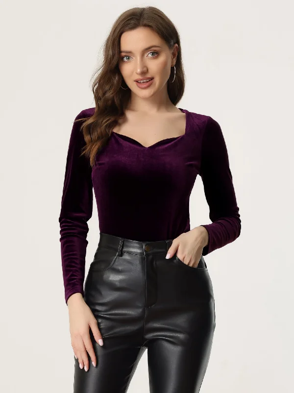 Shop Early, Save Big!Casual Velvet Long Sleeve Solid Color Sweetheart Neck Blouse
