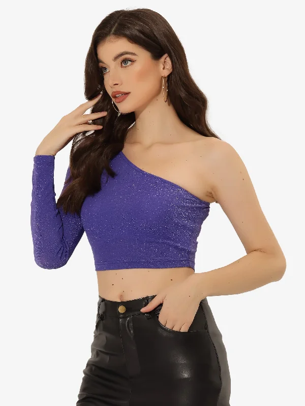 Time to Snag a Bargain!Glitter Crop Top Metallic Club Slim Fitted One Shoulder T-Shirt Time to Snag a Bargain!Glitter Crop Top Metallic Club Slim Fitted One Shoulder T-Shirt