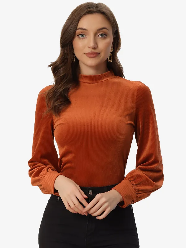Your Discount is Waiting!Elegant Velvet Crew Neck Puff Long Sleeve Rib Velour Blouse Your Discount is Waiting!Elegant Velvet Crew Neck Puff Long Sleeve Rib Velour Blouse