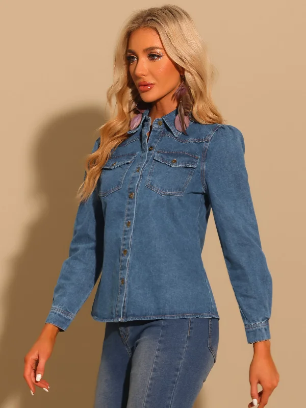 Get More, Spend Less – Shop Now!Casual Denim Shirt Button Down Puff Long Sleeve Jean Blouse Get More, Spend Less – Shop Now!Casual Denim Shirt Button Down Puff Long Sleeve Jean Blouse
