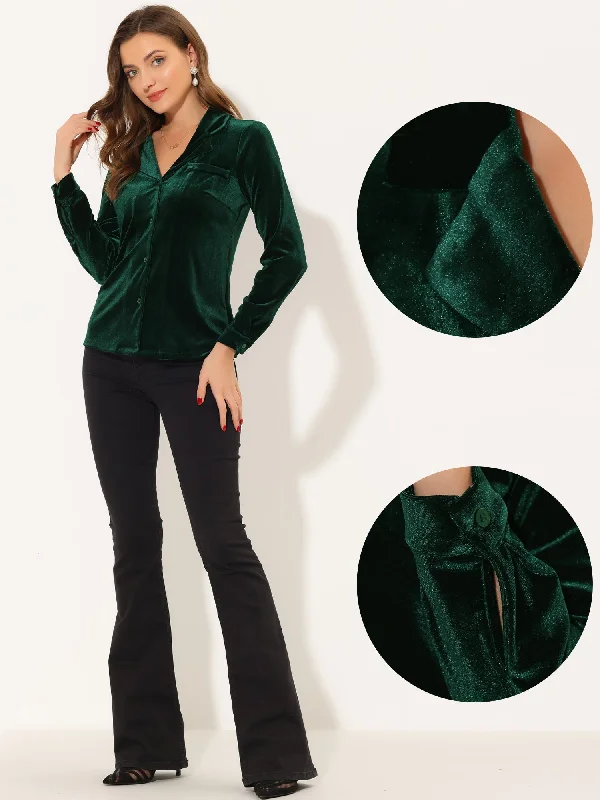 Lowest Prices Guaranteed!Velvet Blouse Collared Long Sleeve Button Down Shirt Top