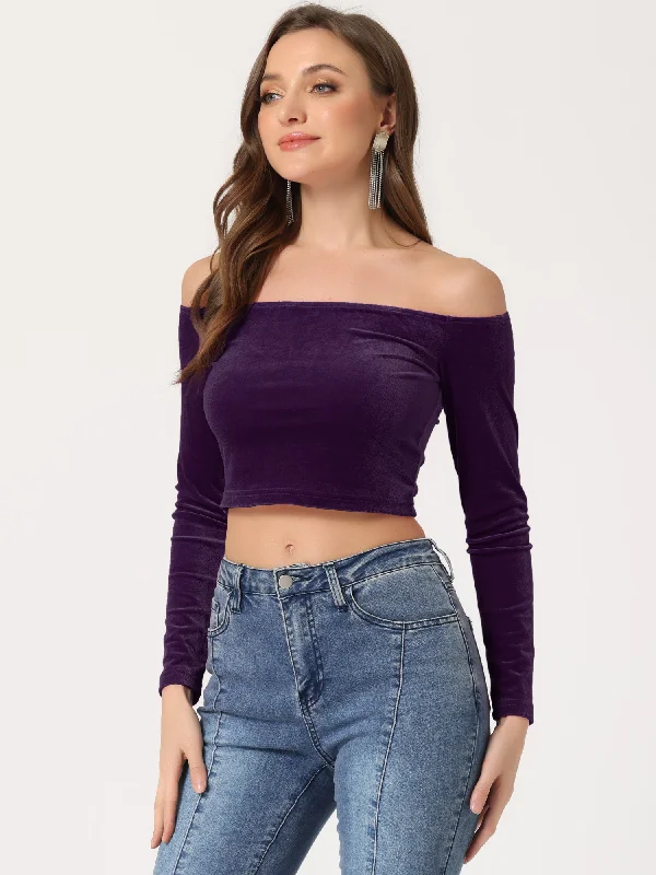 Today’s Deals, Tomorrow’s Regrets!Velvet Solid Stretch Long Sleeve Off Shoulder Crop Top Blouse Today’s Deals, Tomorrow’s Regrets!Velvet Solid Stretch Long Sleeve Off Shoulder Crop Top Blouse