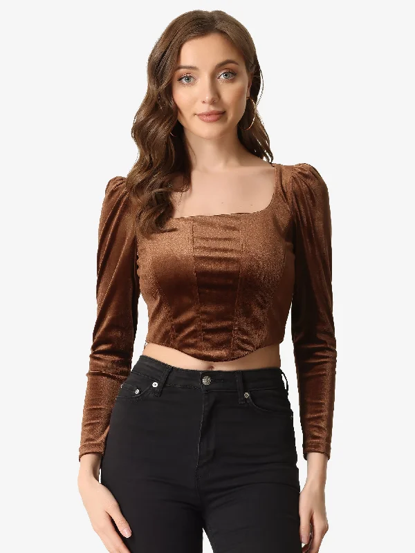 Hottest Discounts of the Year!Crop Velvet Long Sleeve Top Casual Square Neck Blouse