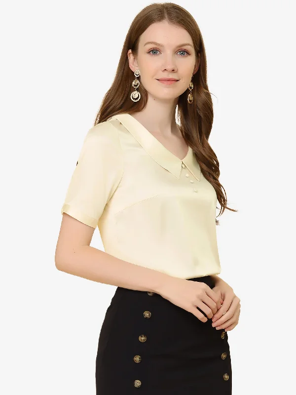 Must-Have Deals Inside!Work Top Turndown Collar Button Decor Short Sleeve Satin Blouse Must-Have Deals Inside!Work Top Turndown Collar Button Decor Short Sleeve Satin Blouse
