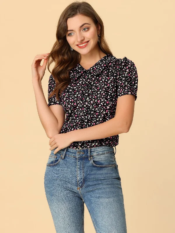 Instant Savings Await!Puff Sleeve Shirt Point Collar Top Button Down Floral Blouse Instant Savings Await!Puff Sleeve Shirt Point Collar Top Button Down Floral Blouse