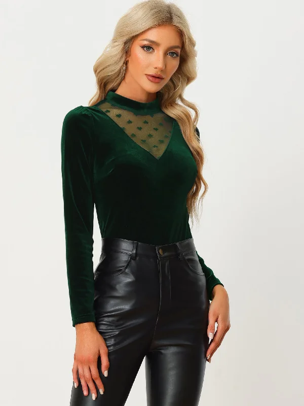 Don’t Wait – Deals Won’t Last!Casual Velvet Long Sleeve Choker Neck Heart Dots Mesh Panel Top Don’t Wait – Deals Won’t Last!Casual Velvet Long Sleeve Choker Neck Heart Dots Mesh Panel Top
