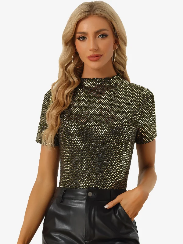 Exclusive Savings This Week!Sequin Top Short Sleeve Mock Neck Sparkly Party Blouse Exclusive Savings This Week!Sequin Top Short Sleeve Mock Neck Sparkly Party Blouse