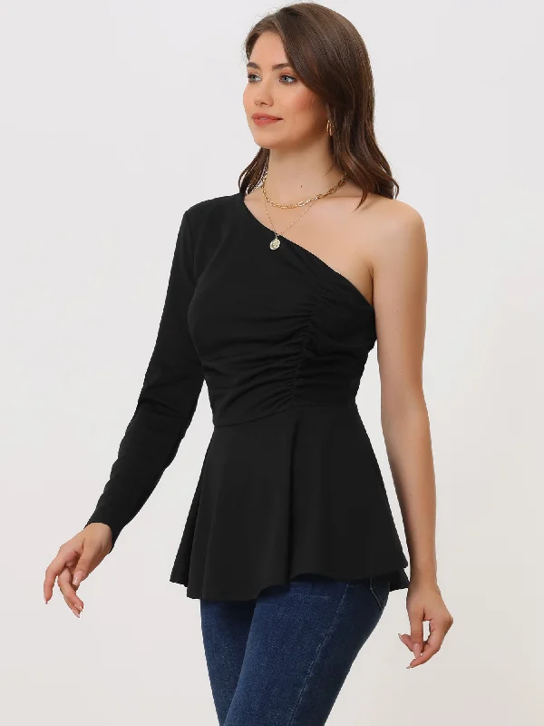 Find Your Perfect Deal Today!One Shoulder Long Sleeve Ruched Peplum Solid Blouse
