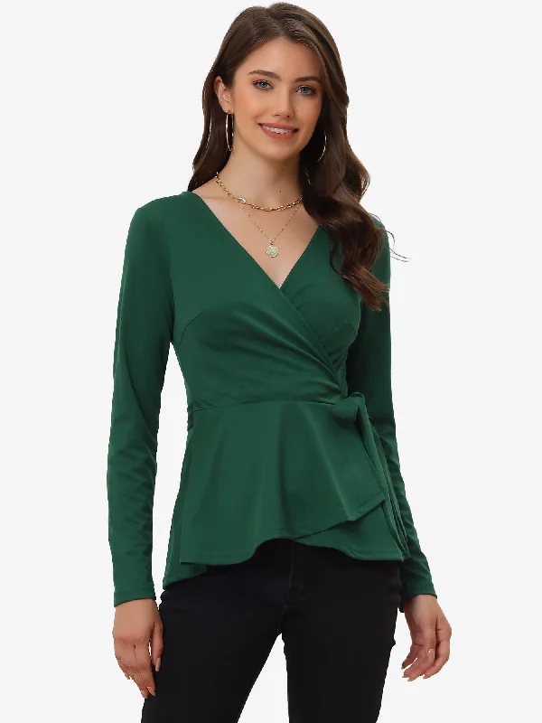 Don’t Wait – Shop Today!Casual Wrap Peplum V Neck Long Sleeve Tie Waist Knit Blouse Don’t Wait – Shop Today!Casual Wrap Peplum V Neck Long Sleeve Tie Waist Knit Blouse