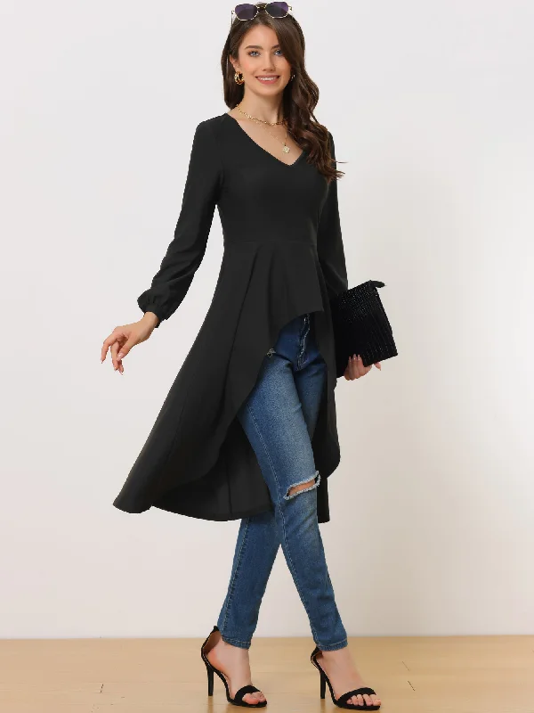 Get Ready to Save!V Neck High Low Hem Peplum Long Sleeve Midi Blouse