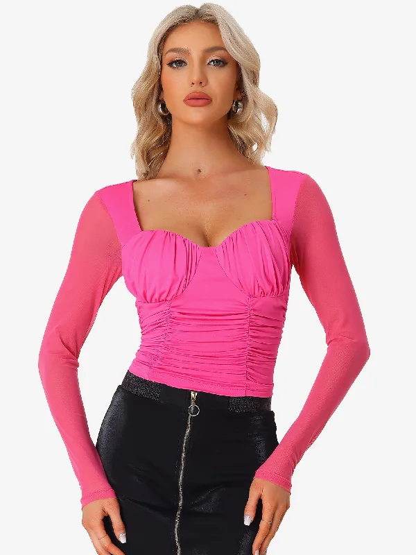 Act Fast – Limited Time Savings!Long Sleeve Mesh Sweetheart Neck Padded Bust Ruched Blouse Act Fast – Limited Time Savings!Long Sleeve Mesh Sweetheart Neck Padded Bust Ruched Blouse
