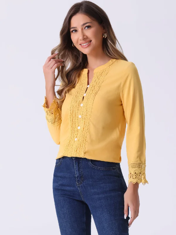 Best Offers of the Month!Boho Half Button Placket Long Sleeve Lace Crochet Blouses
