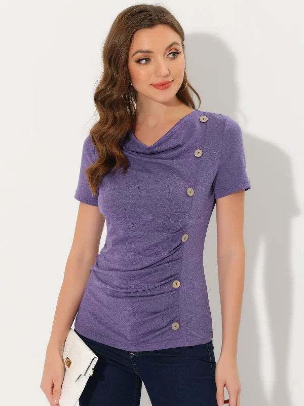 Limited Deals, Unlimited Savings!Cowl Neck Short Sleeve Casual Basic Solid Knitted Buttons Decor Ruched Top Limited Deals, Unlimited Savings!Cowl Neck Short Sleeve Casual Basic Solid Knitted Buttons Decor Ruched Top