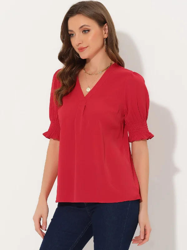 Your Wallet Will Thank You!Short Bubble Sleeve Solid V Neck Casual Blouse