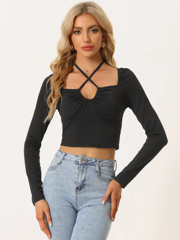 Buy More, Pay Less!Sexy Criss Cross Halter Neck Tie Up Basic Long Sleeve T-Shirt