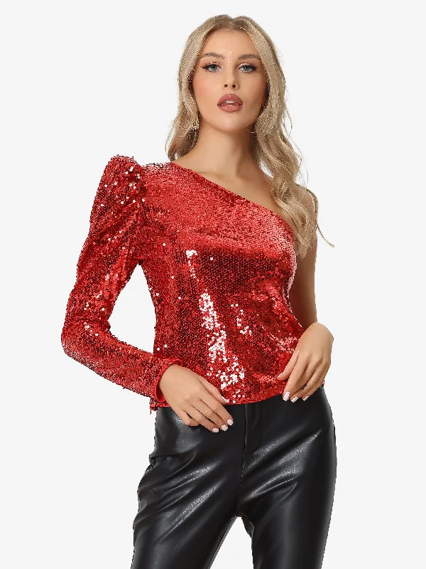 Price Drop Alert!Sparkly Sequin One Shoulder Puff Long Sleeve Shimmer Tops