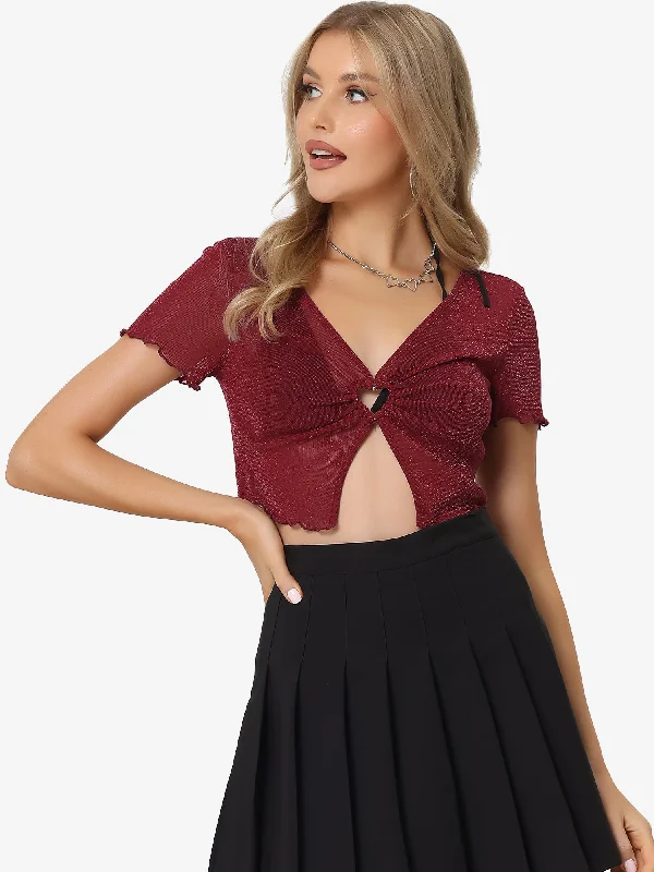 Unmissable Offers Await!Cutout Glitter V Neck Mesh Sheer Shimmer Crop Tops