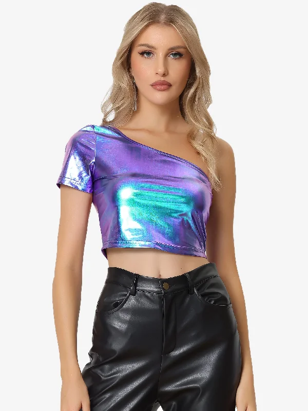 The Best Sale of the Year!One Shoulder Shinny Holographic Clubwear Party Metallic Crop Top The Best Sale of the Year!One Shoulder Shinny Holographic Clubwear Party Metallic Crop Top