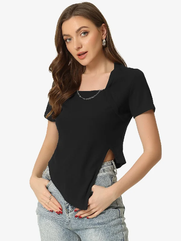 Must-Have Deals Inside!Short Sleeve Square Neck Asymmetrical Split Crop Top
