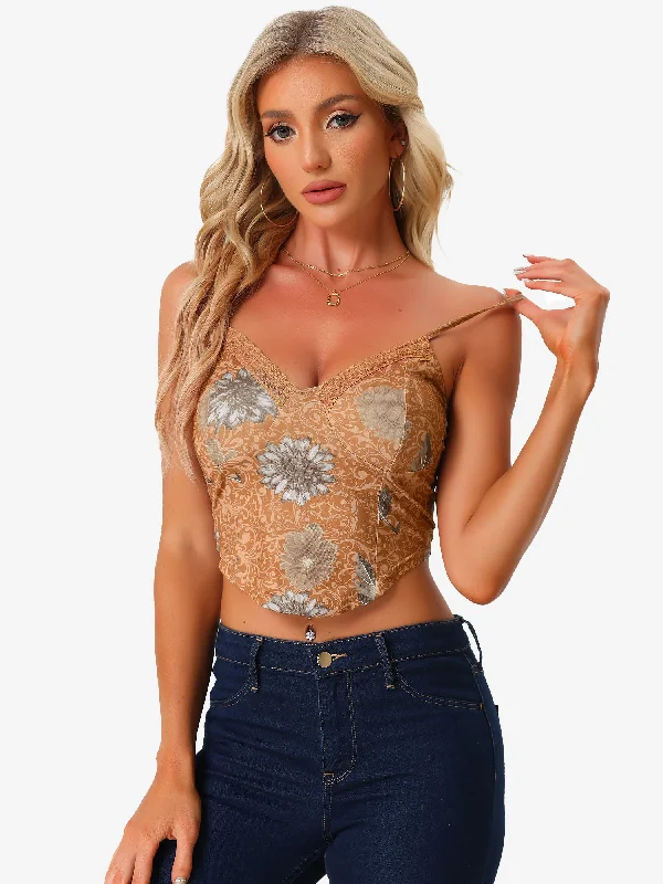 Score Big Savings Today!Retro Floral Print Mesh Lace Sleeveless Crop Cami Top