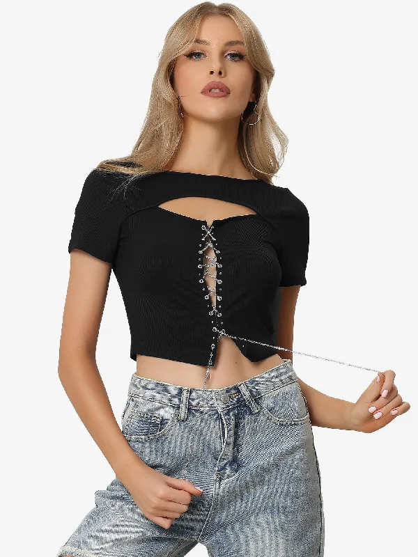 Buy One, Get One Free!Lace Up Front Cut Out Rib-knit Contrast Stitch Cropped Top