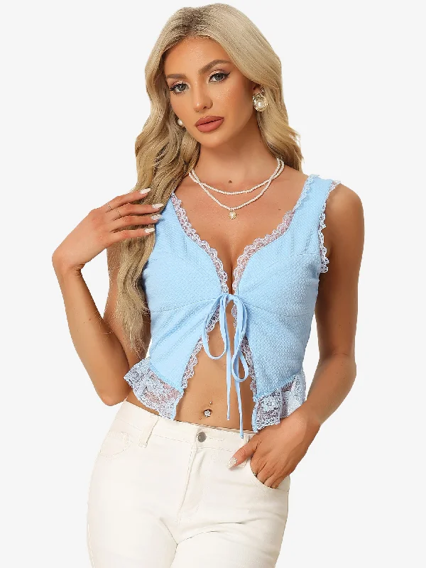 Enjoy Huge Discounts Now!Tie Front Sleeveless Shrug V Neck Lace Trim Cami Crop Top Enjoy Huge Discounts Now!Tie Front Sleeveless Shrug V Neck Lace Trim Cami Crop Top