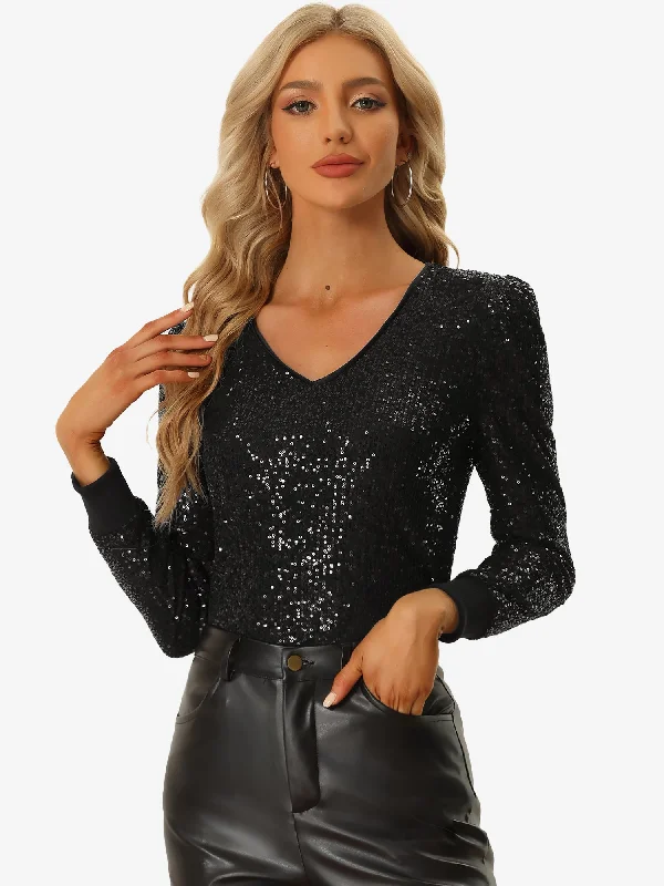Limited Stock Available!Sequin Top V Neck Party Metallic Sparkly Blouse