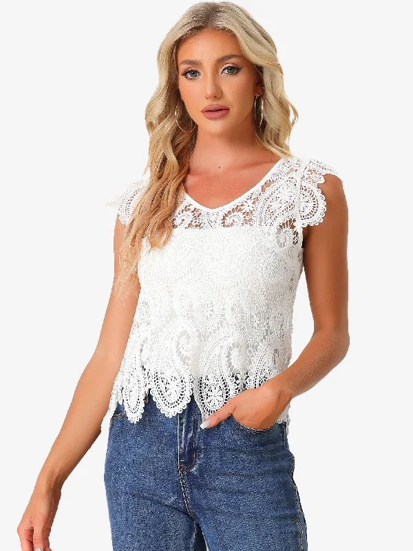 Save More When You Shop More!Paisley Lace Sheer Crochet Summer Boho Cropped Blouse