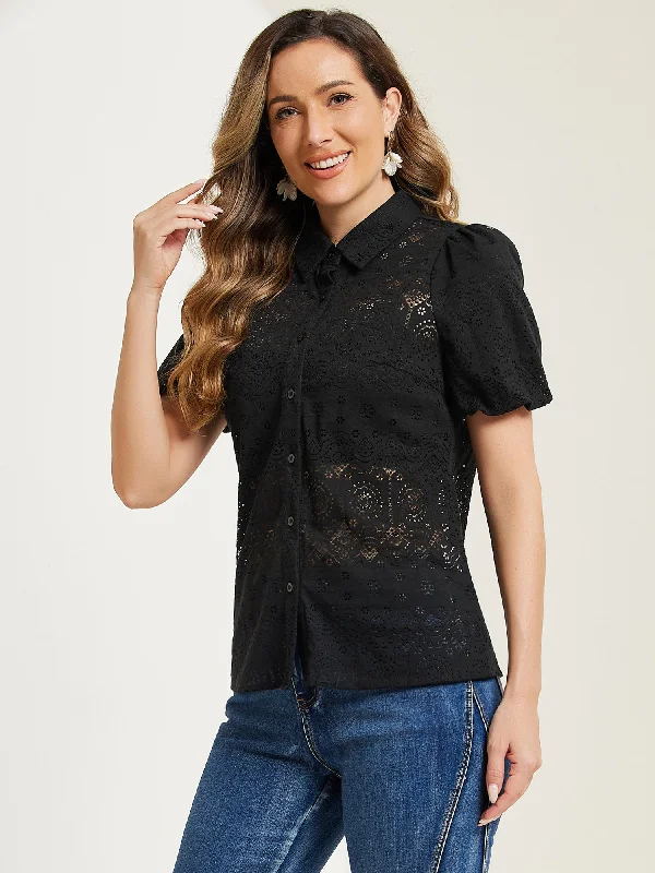 Crazy Discounts Inside!Lace Boho Puff Sleeve Button Down Eyelet Blouse