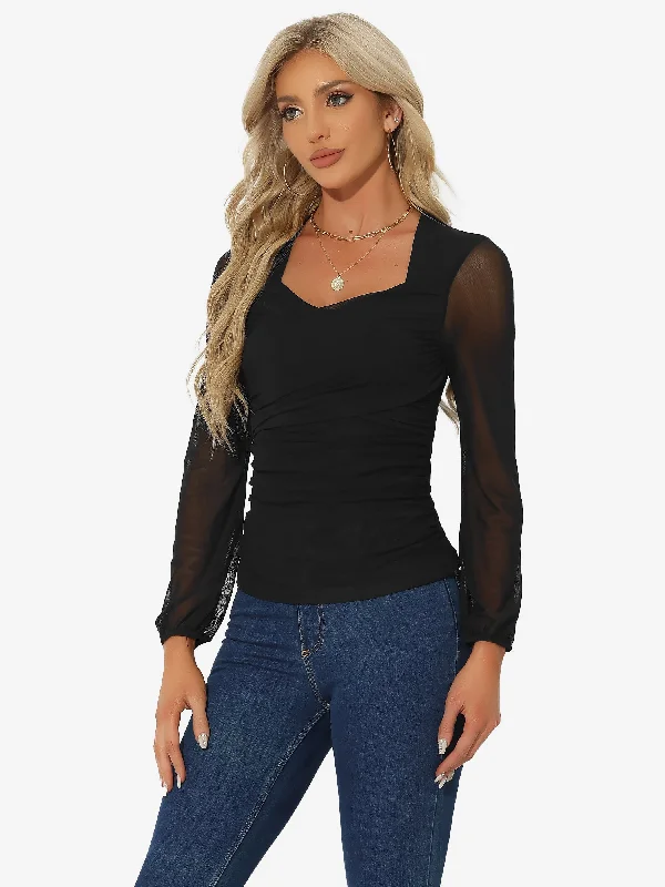 Flash Deals – Act Quickly!Ruched Mesh V Neck Long Sleeve Slim Fit Dressy Casual Blouse Flash Deals – Act Quickly!Ruched Mesh V Neck Long Sleeve Slim Fit Dressy Casual Blouse