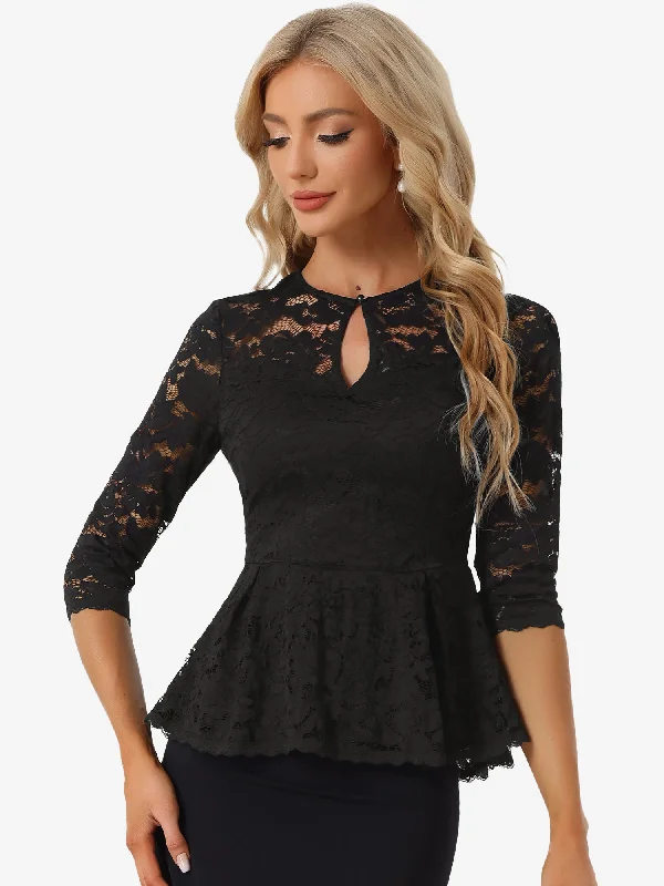 Huge Savings – Act Now!Lace Elegant Solid Color Sheer 3/4 Sleeve Peplum Blouse