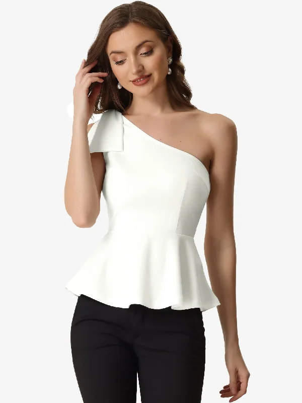 Mega Sale Happening Now!Elegant Peplum Bow Ruffled Hem One Shoulder Top