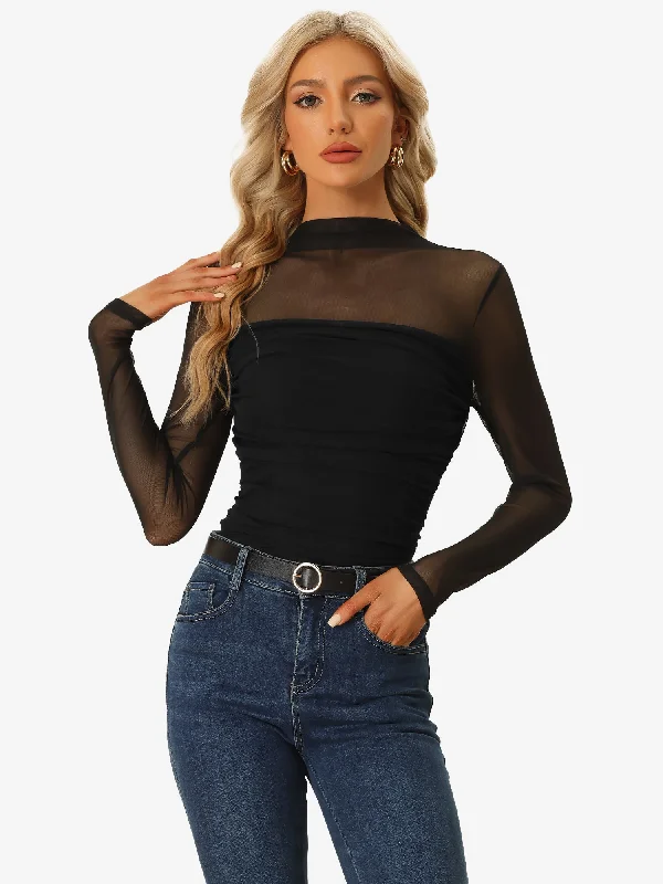 Shop Smart, Save Big!Mesh Solid Long Sleeve Mock Neck Sheer Panel Side Shirring Top Shop Smart, Save Big!Mesh Solid Long Sleeve Mock Neck Sheer Panel Side Shirring Top