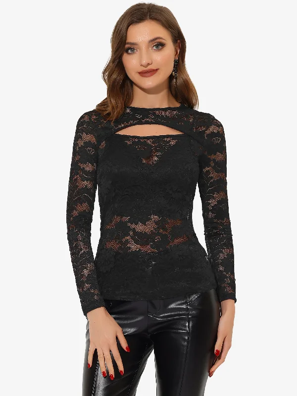 Best Deals Just for You!See Through Cut Out Long Sleeve Semi Sheer Fitted Lace Top