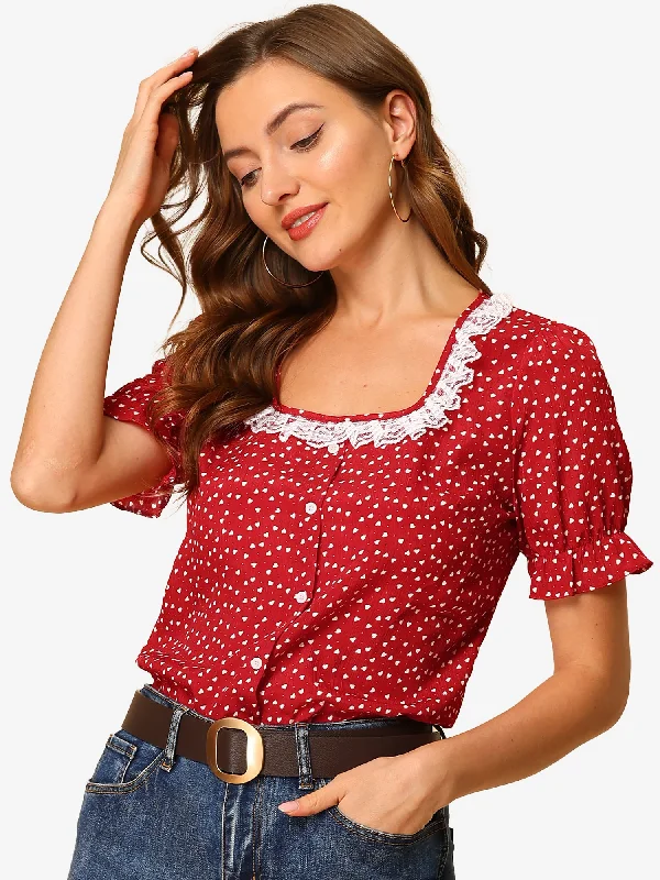 Amazing Prices You Can’t Resist!Square Neck Ruffle Short Sleeve Love Heart Printed Blouse Amazing Prices You Can’t Resist!Square Neck Ruffle Short Sleeve Love Heart Printed Blouse